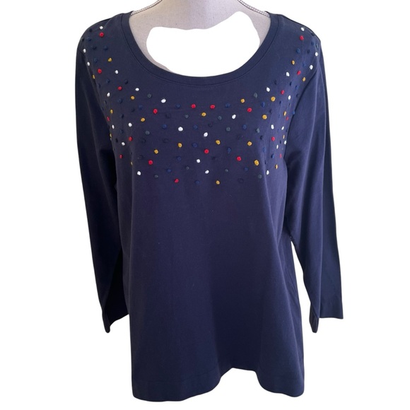 CJ Banks Tops - CJ Banks Navy Blue Cotton Scoop Neck Tee with Multi-Color Embroidered Dots